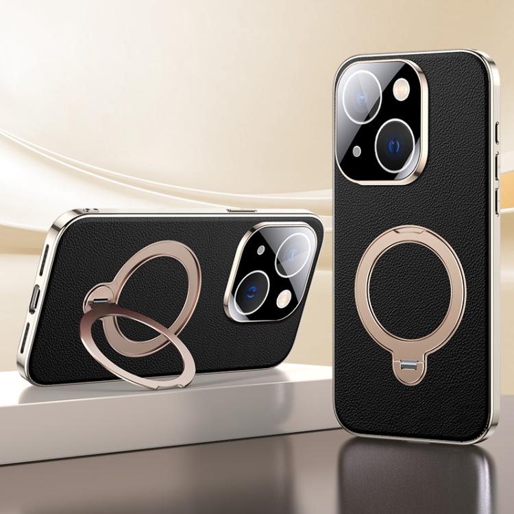 For iPhone 15 Skin Feel Leather Texture Cooling MagSafe Phone Case with 360 Degrees Rotating Holder