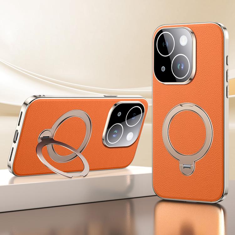 For iPhone 14 Skin Feel Leather Texture Cooling MagSafe Phone Case with 360 Degrees Rotating Holder