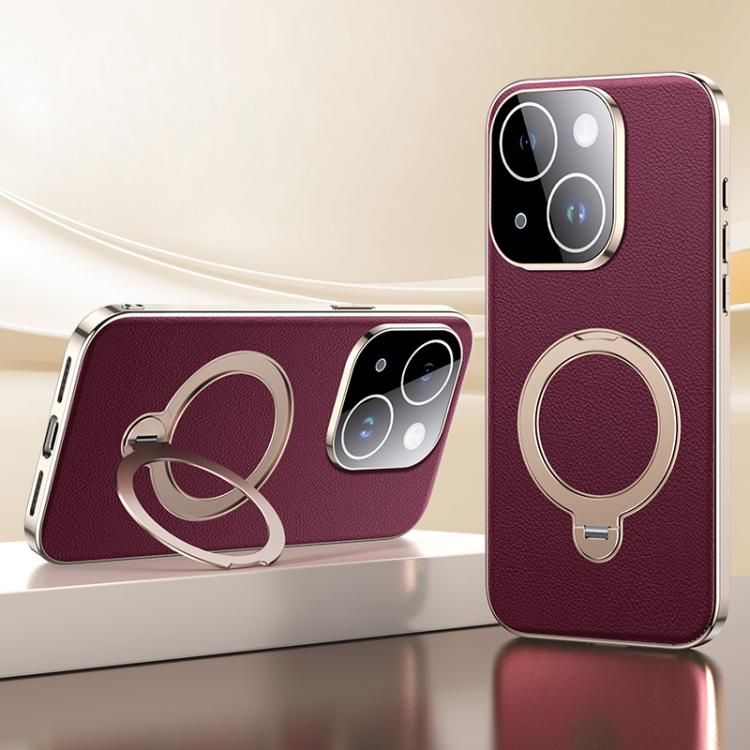 For iPhone 14 Skin Feel Leather Texture Cooling MagSafe Phone Case with 360 Degrees Rotating Holder