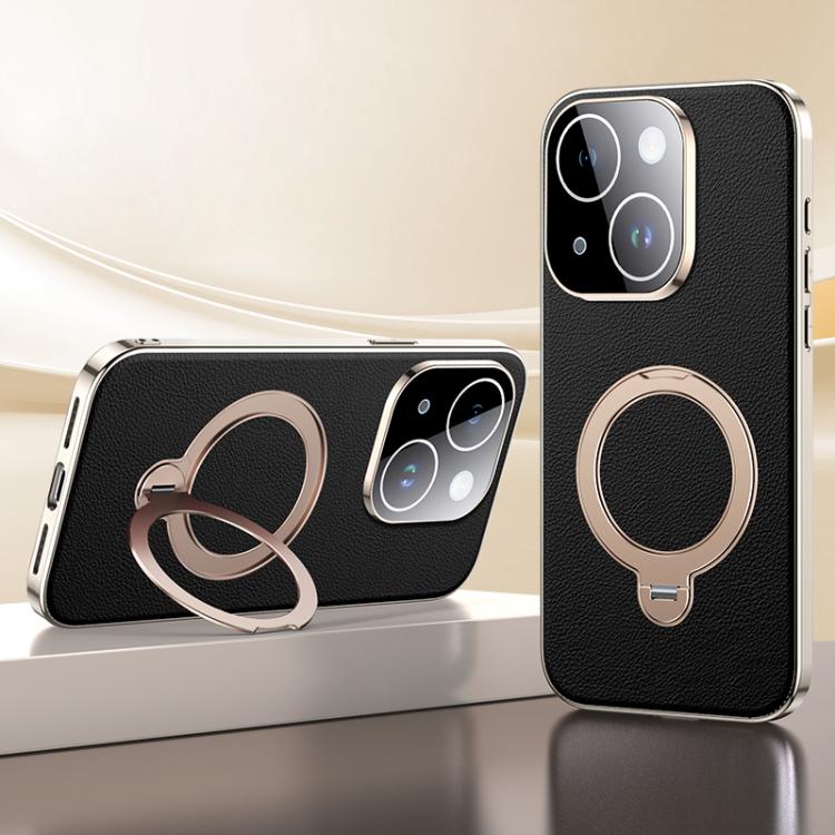 For iPhone 14 Skin Feel Leather Texture Cooling MagSafe Phone Case with 360 Degrees Rotating Holder