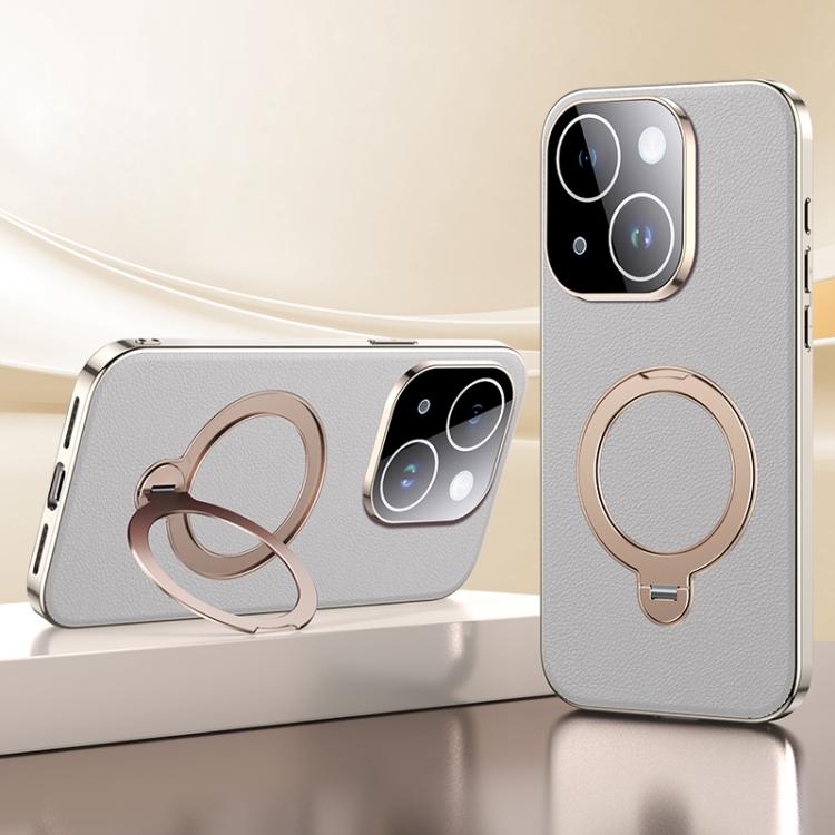 For iPhone 14 Skin Feel Leather Texture Cooling MagSafe Phone Case with 360 Degrees Rotating Holder