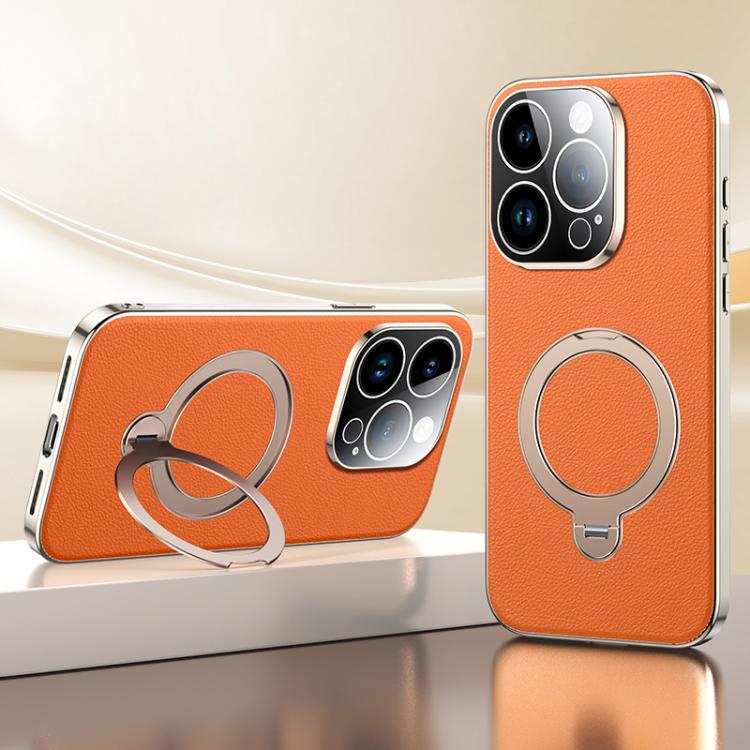 For iPhone 14 Pro Max Skin Feel Leather Texture Cooling MagSafe Phone Case with 360 Degrees Rotating Holder