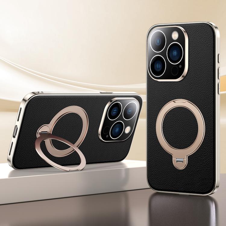 For iPhone 13 Pro Skin Feel Leather Texture Cooling MagSafe Phone Case with 360 Degrees Rotating Holder