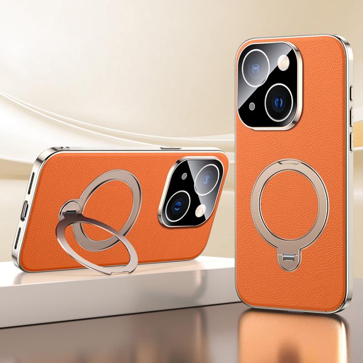 For iPhone 13 Skin Feel Leather Texture Cooling MagSafe Phone Case with 360 Degrees Rotating Holder
