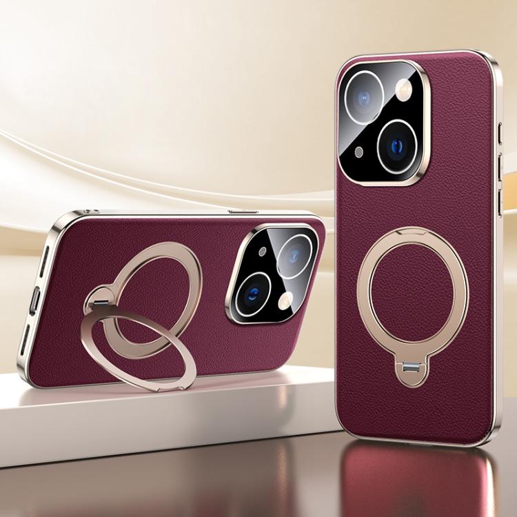 For iPhone 13 Skin Feel Leather Texture Cooling MagSafe Phone Case with 360 Degrees Rotating Holder