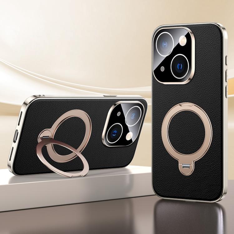For iPhone 13 Skin Feel Leather Texture Cooling MagSafe Phone Case with 360 Degrees Rotating Holder