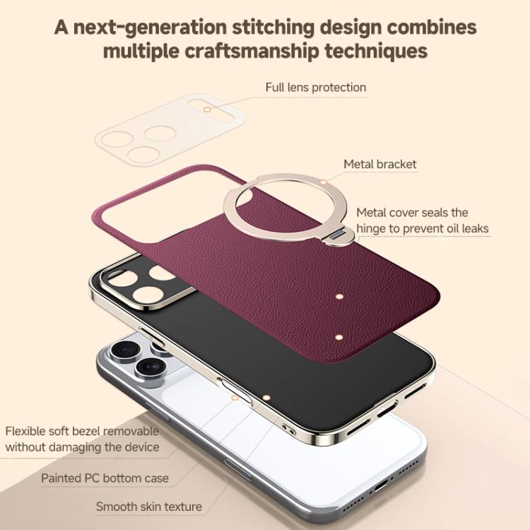 For iPhone 16 Skin Feel Leather Texture Cooling MagSafe Phone Case with 360 Degrees Rotating Holder