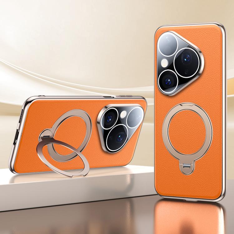 For Huawei Pura 80 5G Skin Feel Leather Texture Cooling MagSafe Phone Case with 360 Degrees Rotating Holder