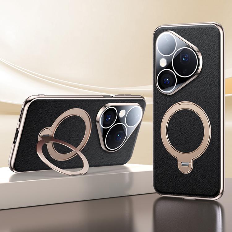 For Huawei Pura 80 5G Skin Feel Leather Texture Cooling MagSafe Phone Case with 360 Degrees Rotating Holder