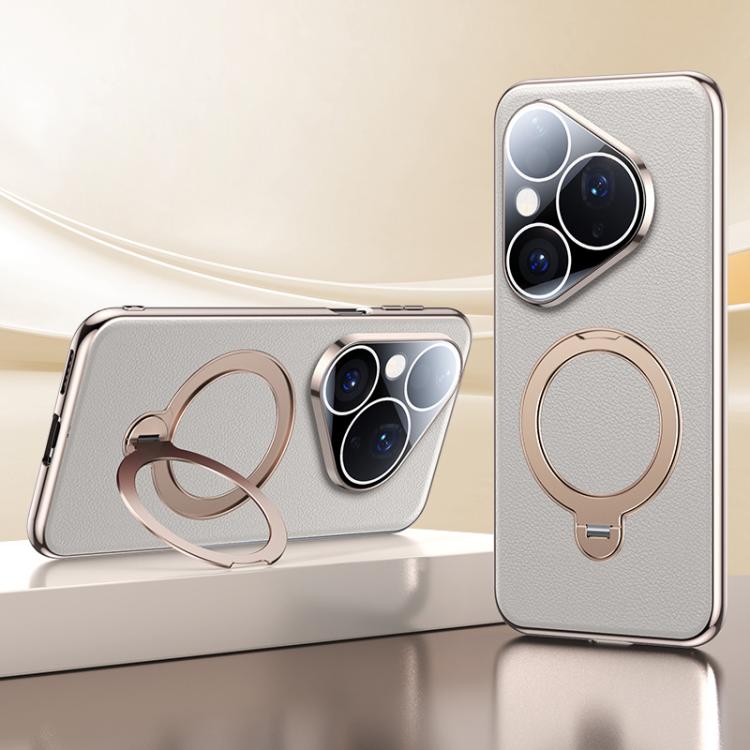 For Huawei Pura 80 5G Skin Feel Leather Texture Cooling MagSafe Phone Case with 360 Degrees Rotating Holder