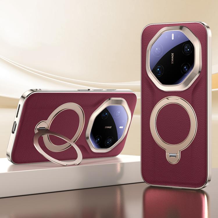 For Huawei Mate 80 RS Ultimate Skin Feel Leather Texture Cooling MagSafe Phone Case with 360 Degrees Rotating Holder