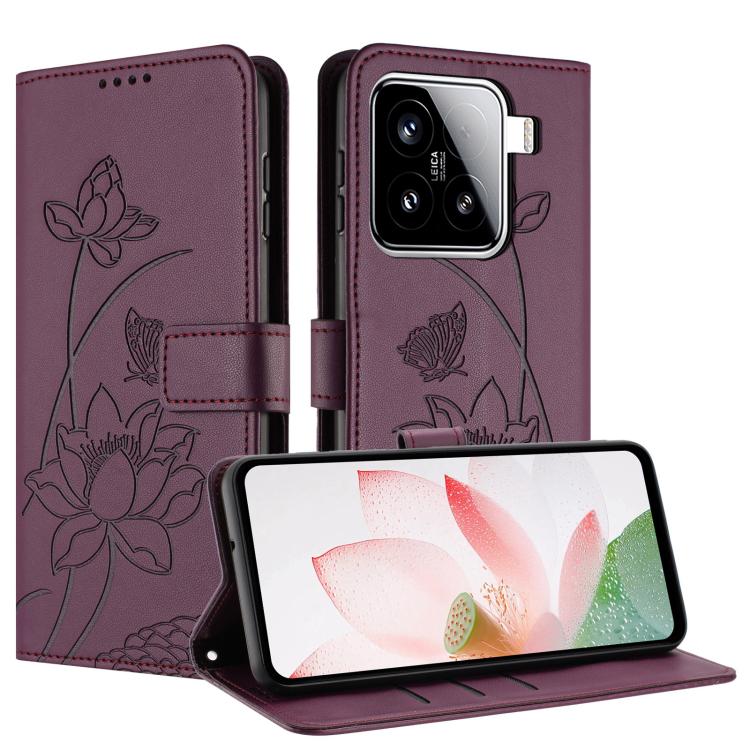 For Xiaomi 15 Lotus Embossed Leather Phone Case with Lanyard