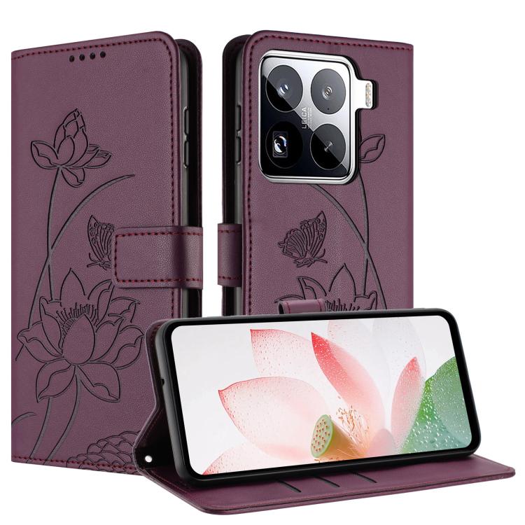 For Xiaomi 15 Pro Lotus Embossed Leather Phone Case with Lanyard