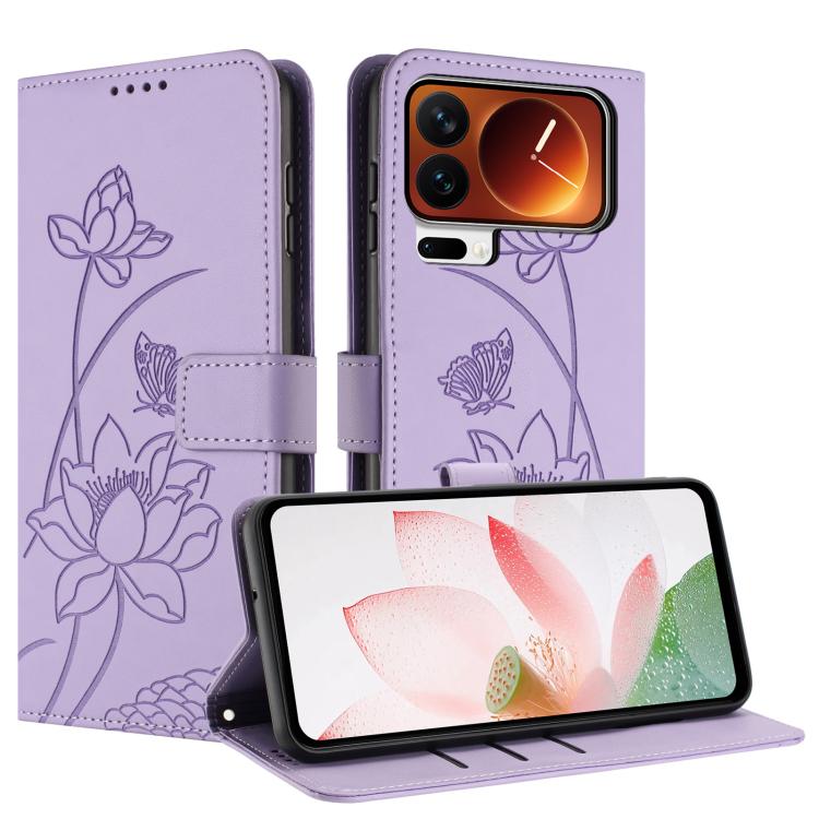 For Xiaomi 17 Pro Lotus Embossed Leather Phone Case with Lanyard