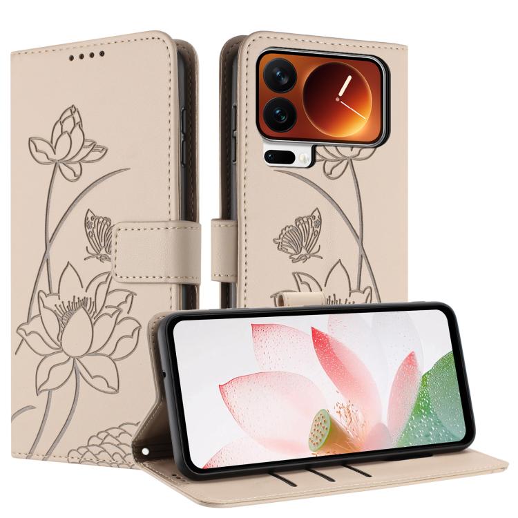 For Xiaomi 17 Pro Max Lotus Embossed Leather Phone Case with Lanyard