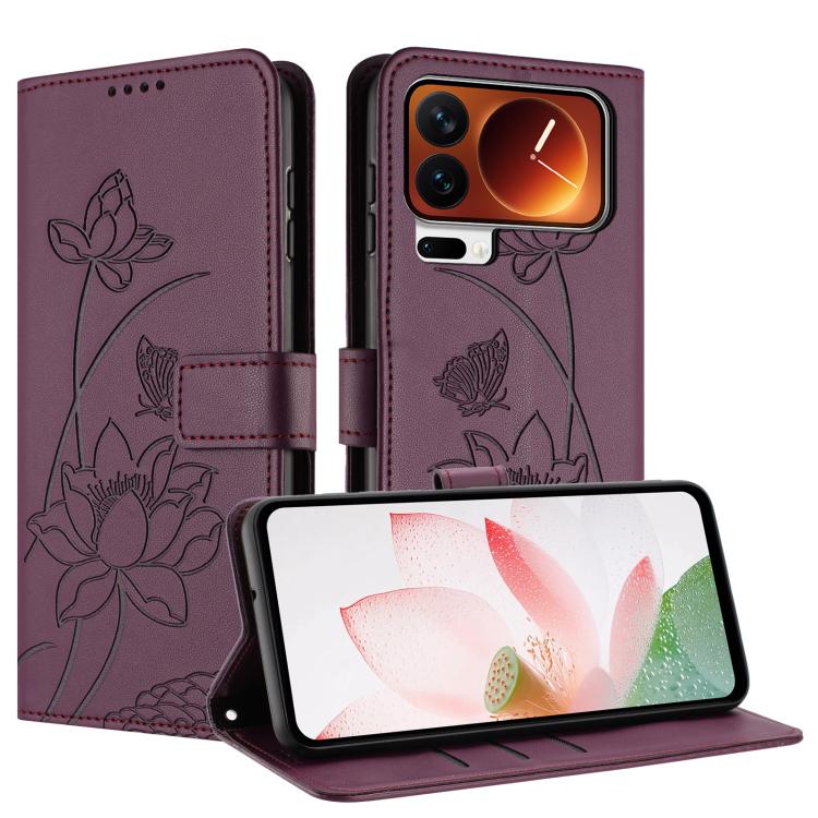 For Xiaomi 17 Pro Max Lotus Embossed Leather Phone Case with Lanyard