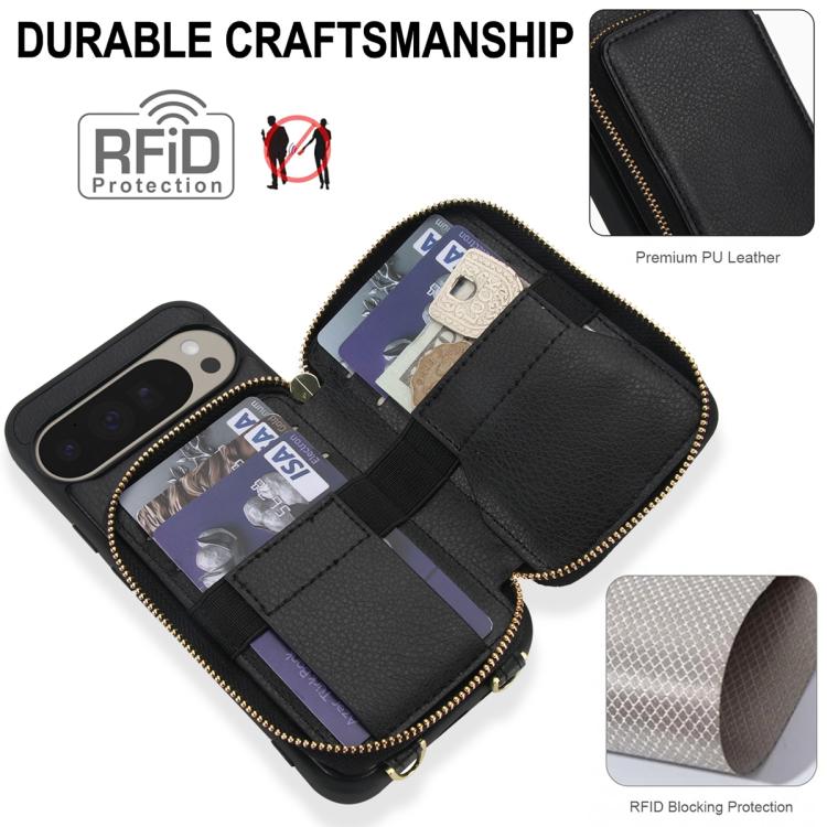 For Google Pixel 9 Pro XL Crossbody Zipper RFID Card Bag Phone Case