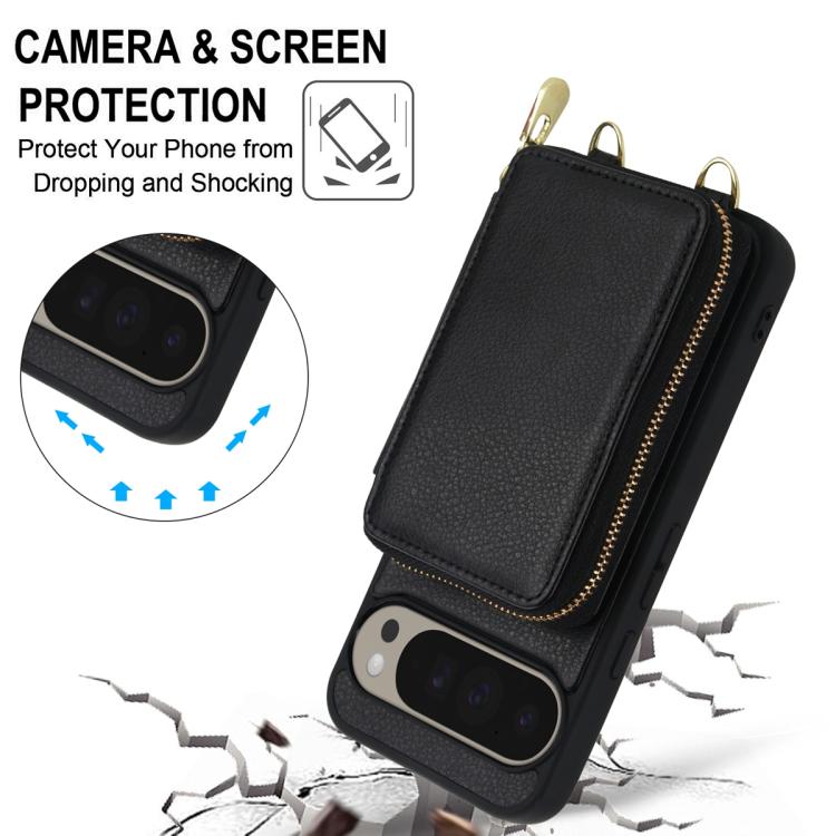 For Google Pixel 9 Pro XL Crossbody Zipper RFID Card Bag Phone Case