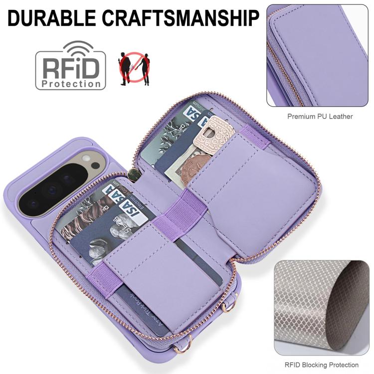For Google Pixel 9 Pro XL Crossbody Zipper RFID Card Bag Phone Case