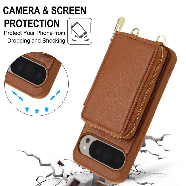 For Google Pixel 9 Pro XL Crossbody Zipper RFID Card Bag Phone Case
