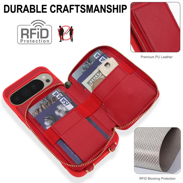 For Google Pixel 9 / Pixel 9 Pro Crossbody Zipper RFID Card Bag Phone Case