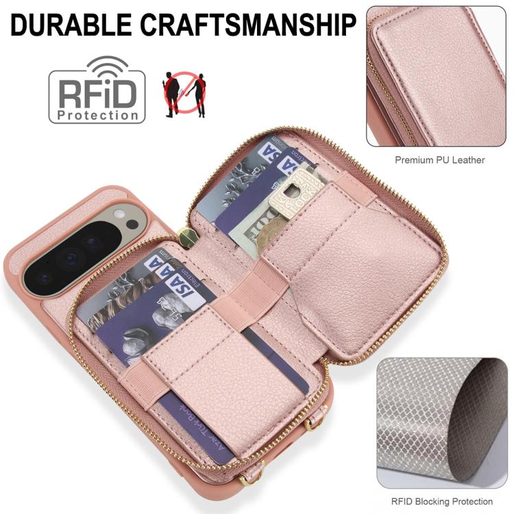 For Google Pixel 9 / Pixel 9 Pro Crossbody Zipper RFID Card Bag Phone Case