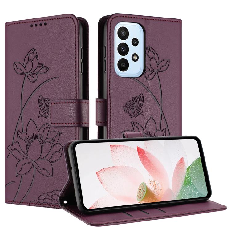 For Samsung Galaxy A73 5G Lotus Embossed Leather Phone Case with Lanyard