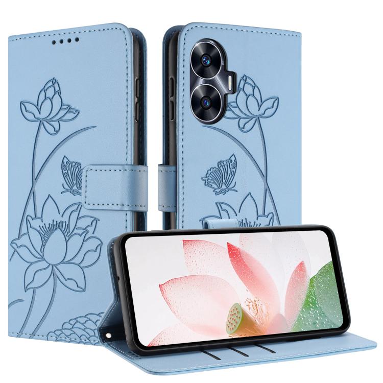 For Realme C55 Lotus Embossed Leather Phone Case with Lanyard