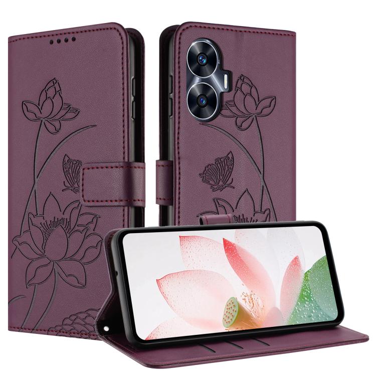 For Realme C55 Lotus Embossed Leather Phone Case with Lanyard
