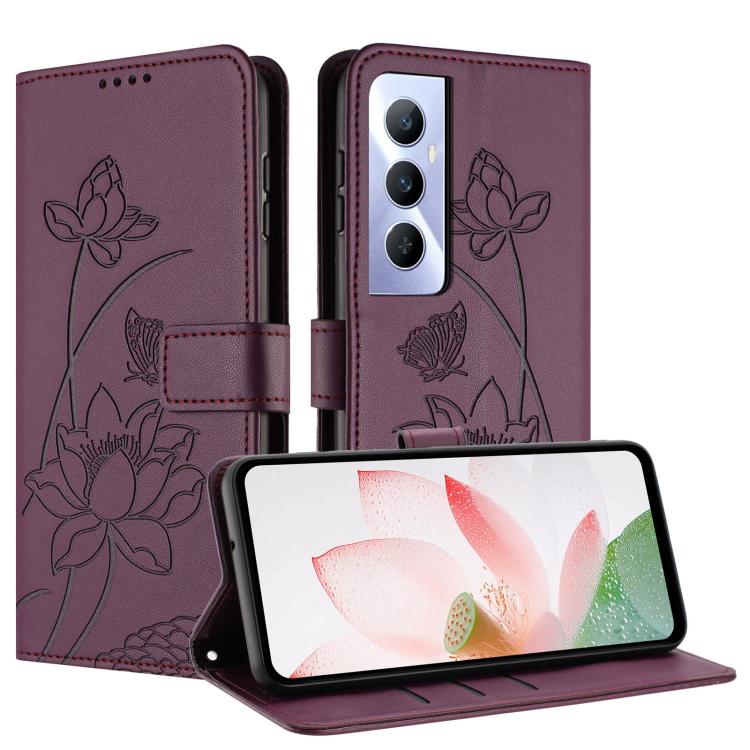 For Realme C65 4G Global Lotus Embossed Leather Phone Case with Lanyard