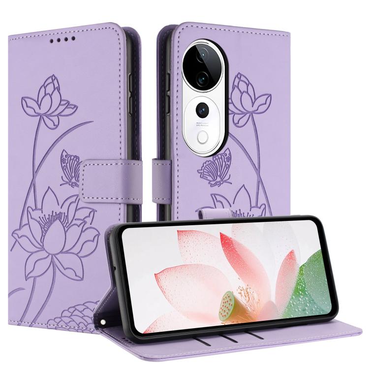 For vivo V40 / V40 Pro 5G Lotus Embossed Leather Phone Case with Lanyard