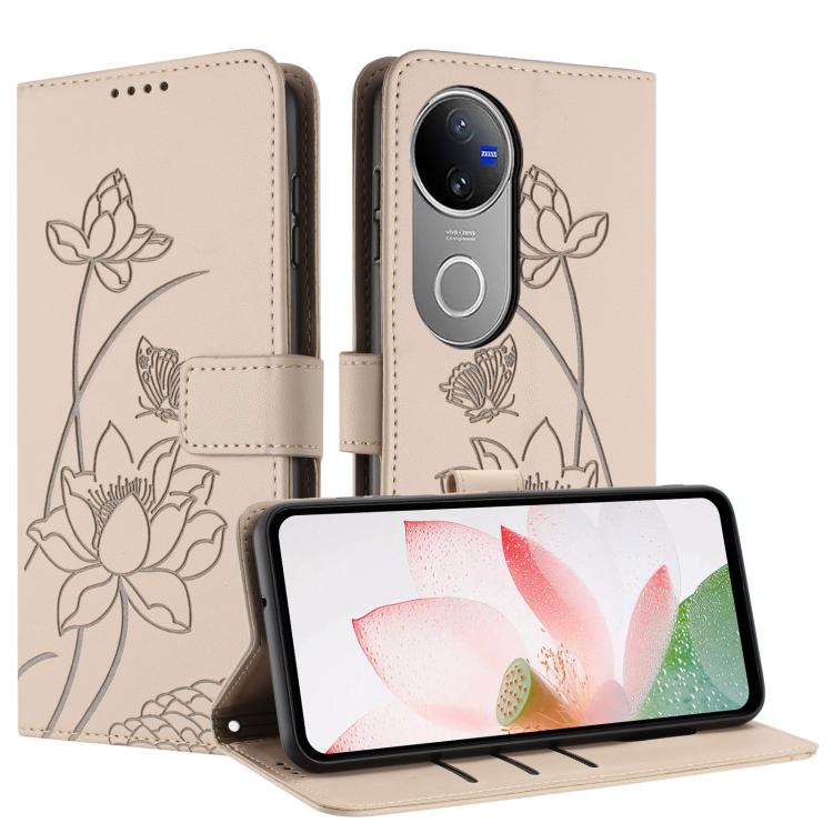 For vivo V50 5G Global / V50e 5G Lotus Embossed Leather Phone Case with Lanyard