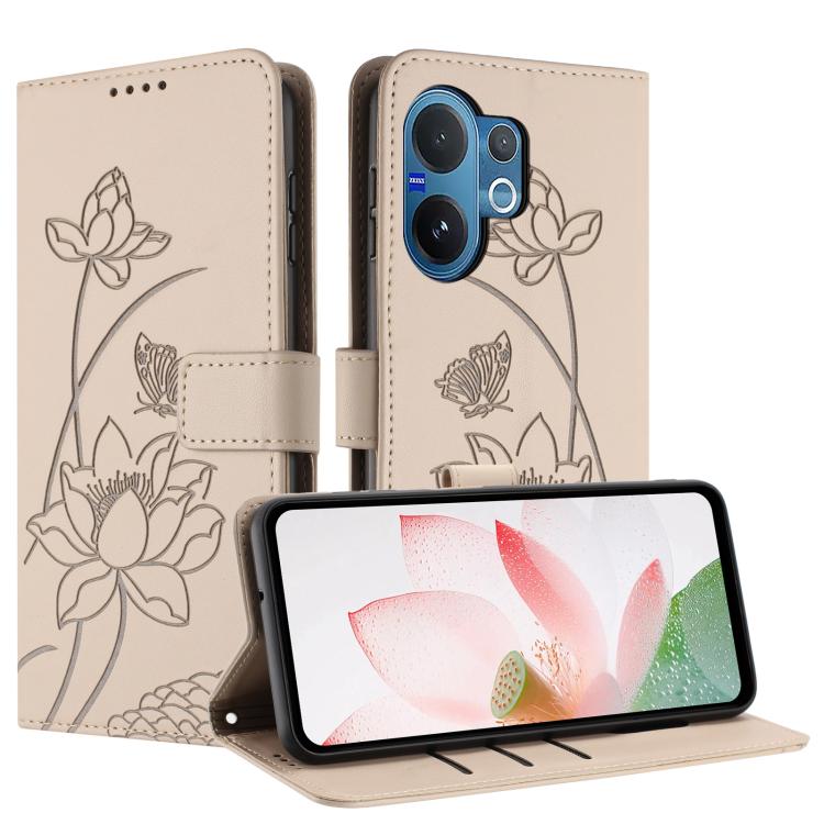 For vivo V60 5G Lotus Embossed Leather Phone Case with Lanyard