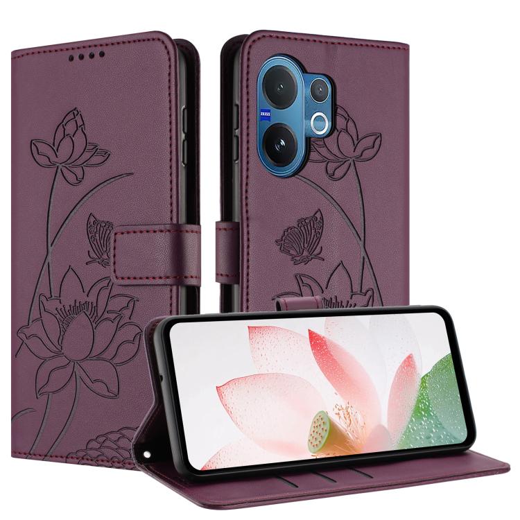 For vivo V60 5G Lotus Embossed Leather Phone Case with Lanyard