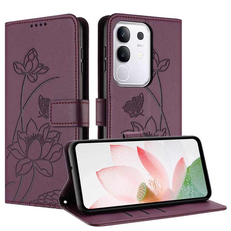 For vivo Y29 4G Global / T4x 5G Lotus Embossed Leather Phone Case with Lanyard