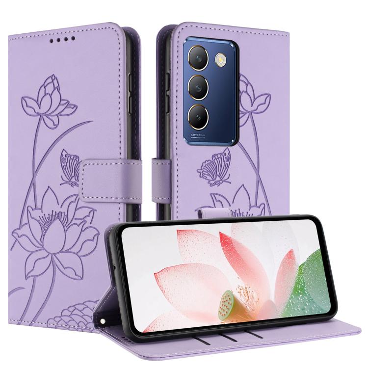 For vivo Y100 IND / Y200e 5G Global Lotus Embossed Leather Phone Case with Lanyard