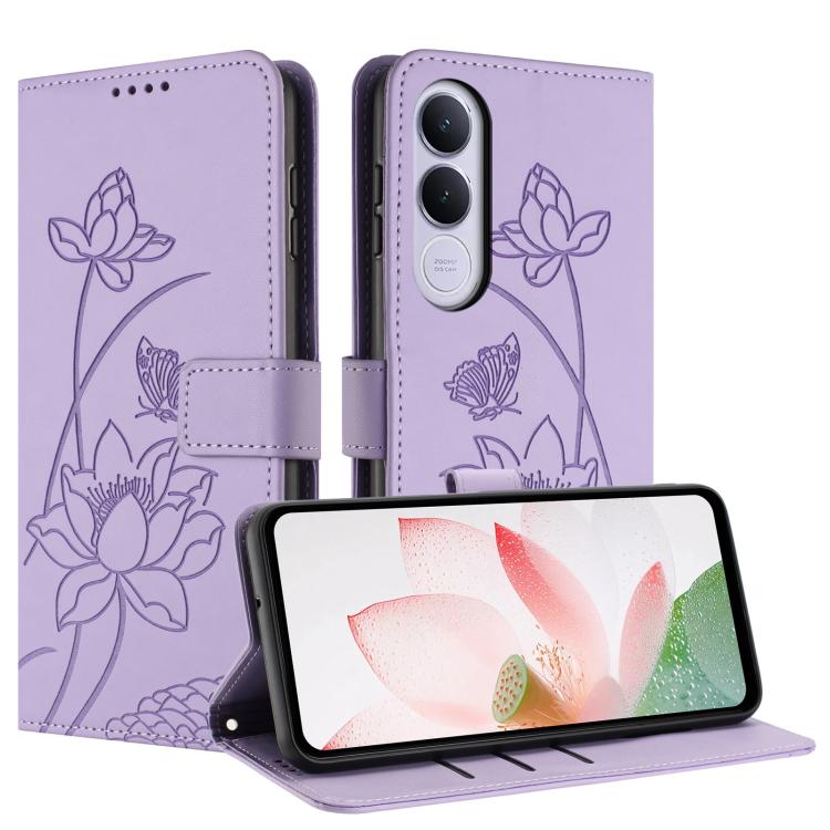 For vivo V70 FE 5G Lotus Embossed Leather Phone Case with Lanyard