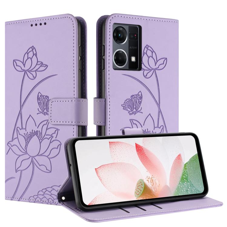 For OPPO Reno8 4G Global / OnePlus Nord N20 5G Lotus Embossed Leather Phone Case with Lanyard