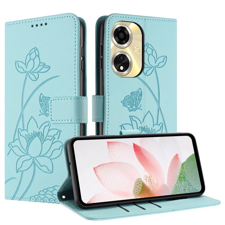For OPPO A59 5G Global Lotus Embossed Leather Phone Case with Lanyard