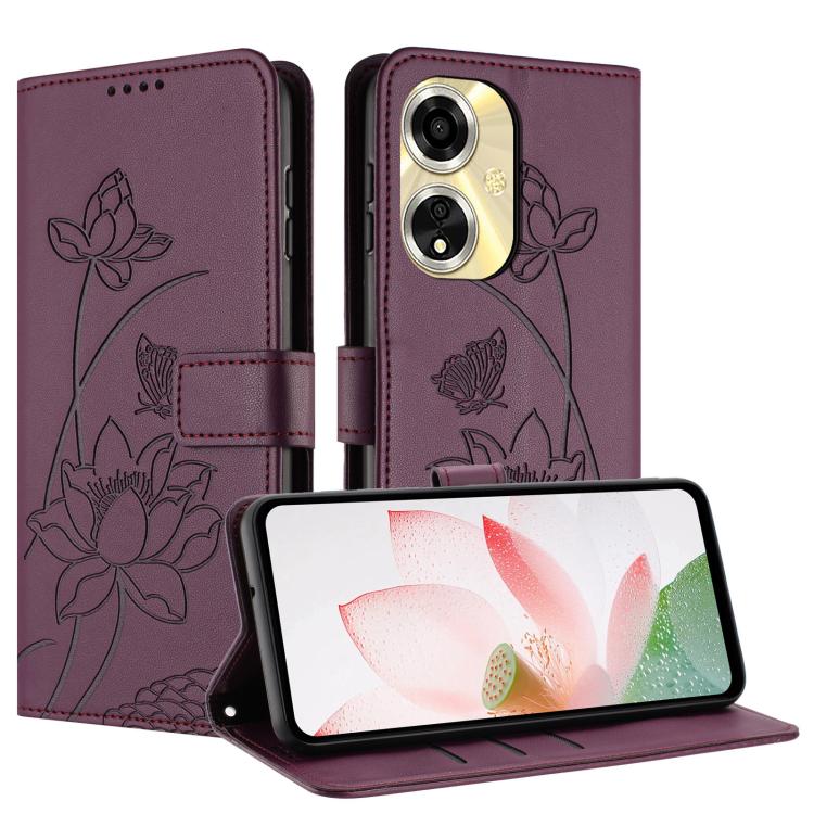 For OPPO A59 5G Global Lotus Embossed Leather Phone Case with Lanyard