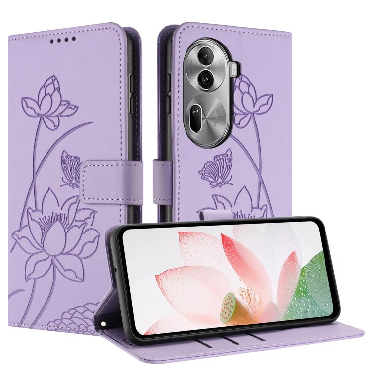 For OPPO Reno11 Pro 5G Global Lotus Embossed Leather Phone Case with Lanyard