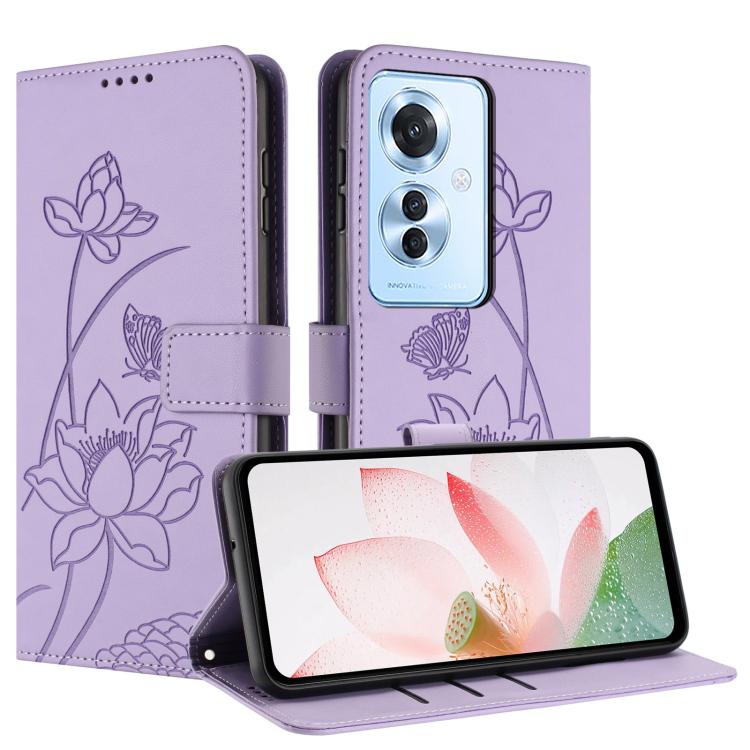 For OPPO Reno11 F / F25 Pro Global Lotus Embossed Leather Phone Case with Lanyard