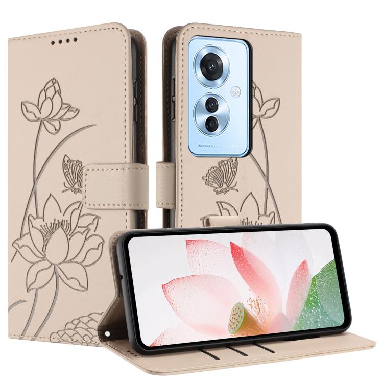 For OPPO Reno11 F / F25 Pro Global Lotus Embossed Leather Phone Case with Lanyard