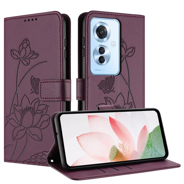 For OPPO Reno11 F / F25 Pro Global Lotus Embossed Leather Phone Case with Lanyard