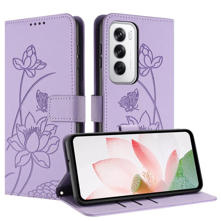 For OPPO Reno12 5G Global Lotus Embossed Leather Phone Case with Lanyard