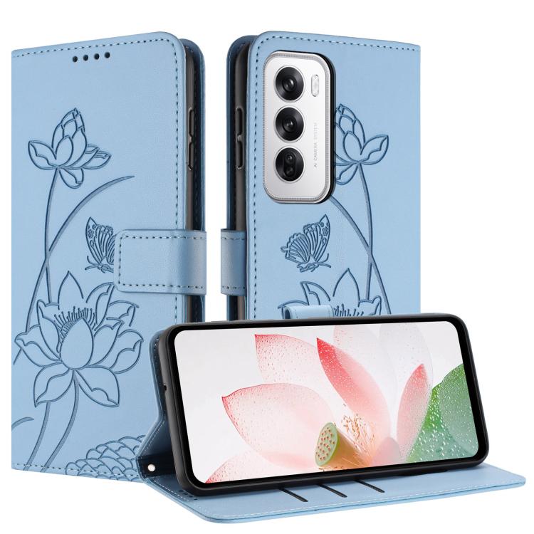For OPPO Reno12 5G Global Lotus Embossed Leather Phone Case with Lanyard