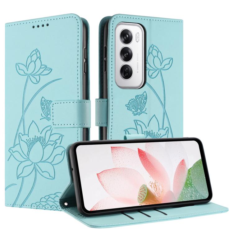 For OPPO Reno12 5G Global Lotus Embossed Leather Phone Case with Lanyard