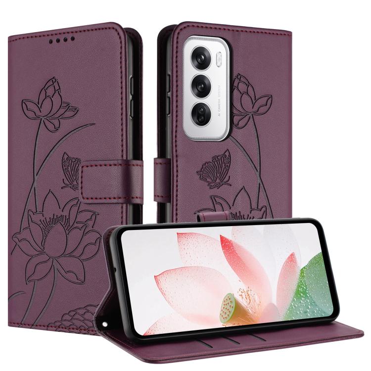 For OPPO Reno12 5G Global Lotus Embossed Leather Phone Case with Lanyard
