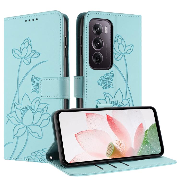 For OPPO Reno12 Pro 5G Global Lotus Embossed Leather Phone Case with Lanyard