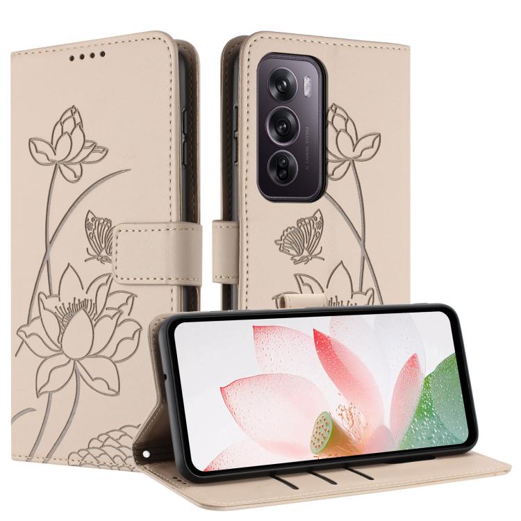 For OPPO Reno12 Pro 5G Global Lotus Embossed Leather Phone Case with Lanyard